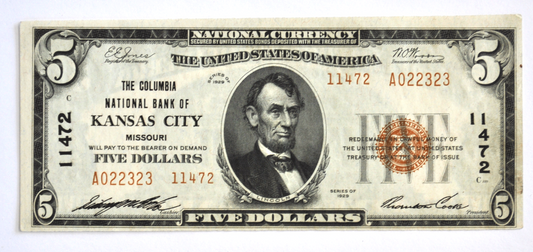1929 $5 National Currency People NB Columnia NB KC MO Type 2 11472 A022323