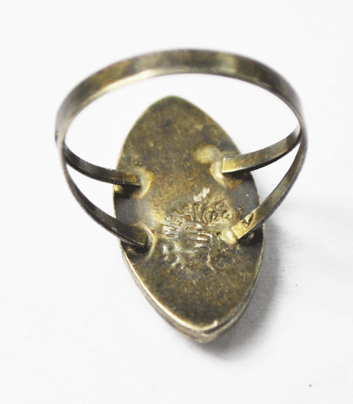 Antique Sterling Silver Mexico HNT Abalone Ellipse Solitaire Ring 23mm Size 5