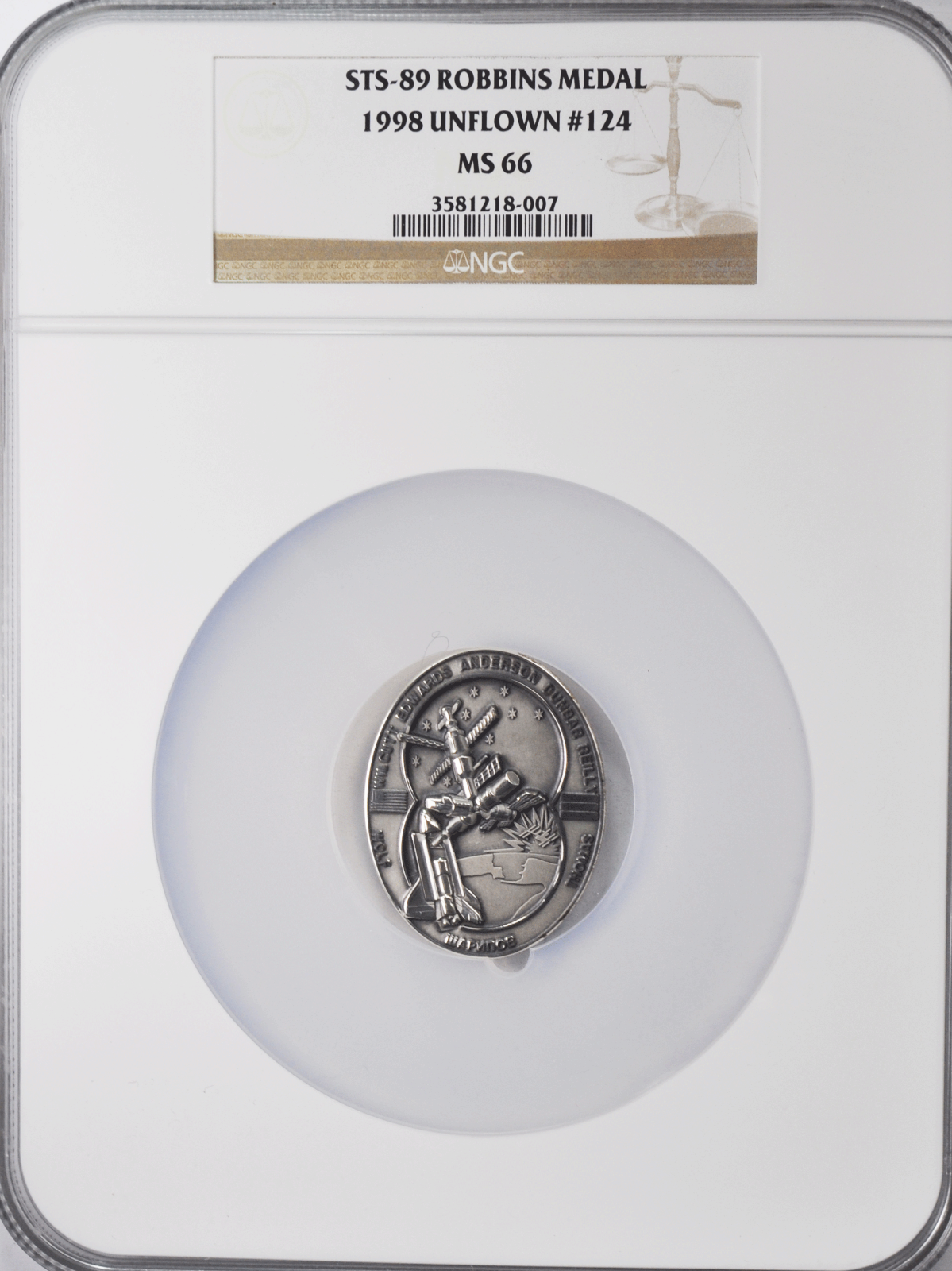 1998 STS-89 Robbins Silver Space Medal Unflown #124 NGC MS66 Endeavour