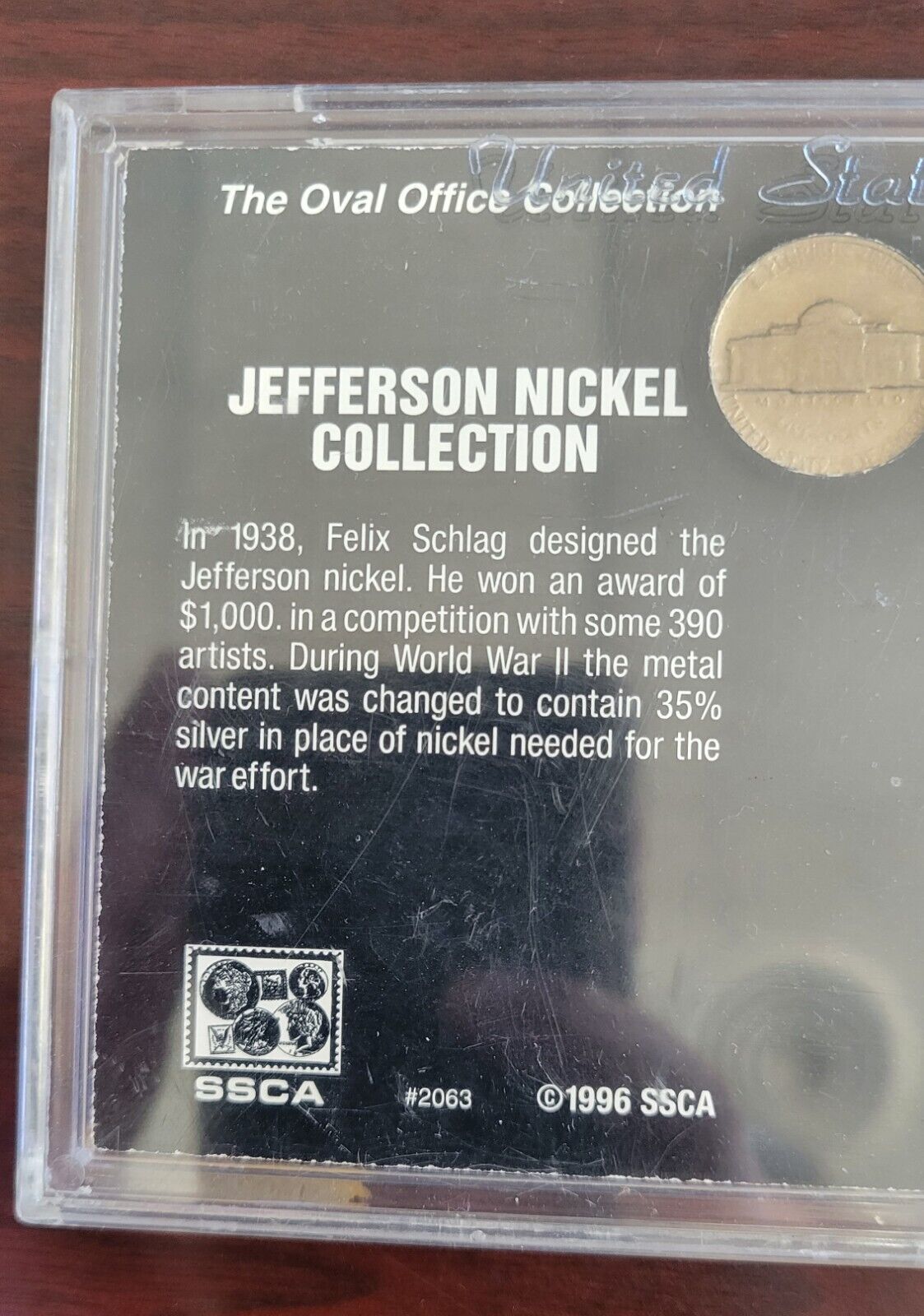 1996 Oval Office Collection 8 PC Jefferson Nickel Coin Set w Display Case SSCA