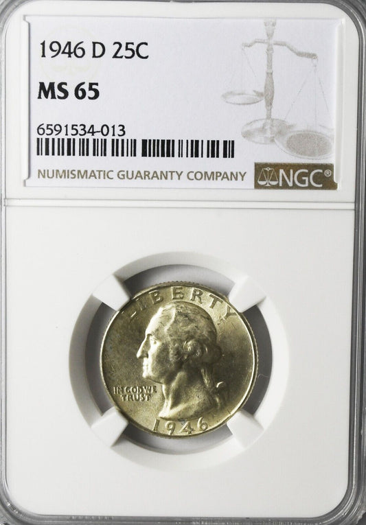 1946 D 25c Washington Silver Quarter Dollar NGC MS65 Brilliant Uncirculated