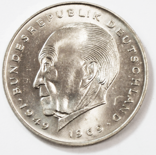 1969 D Germany Federal Republic 2 Mark Copper Nickel Coin KM#124 Konrad Adenauer