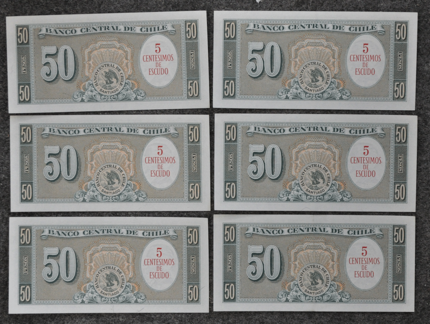 6 Sequential Chile 5 Centesimos on 50 Pesos Notes 846245-250 AU