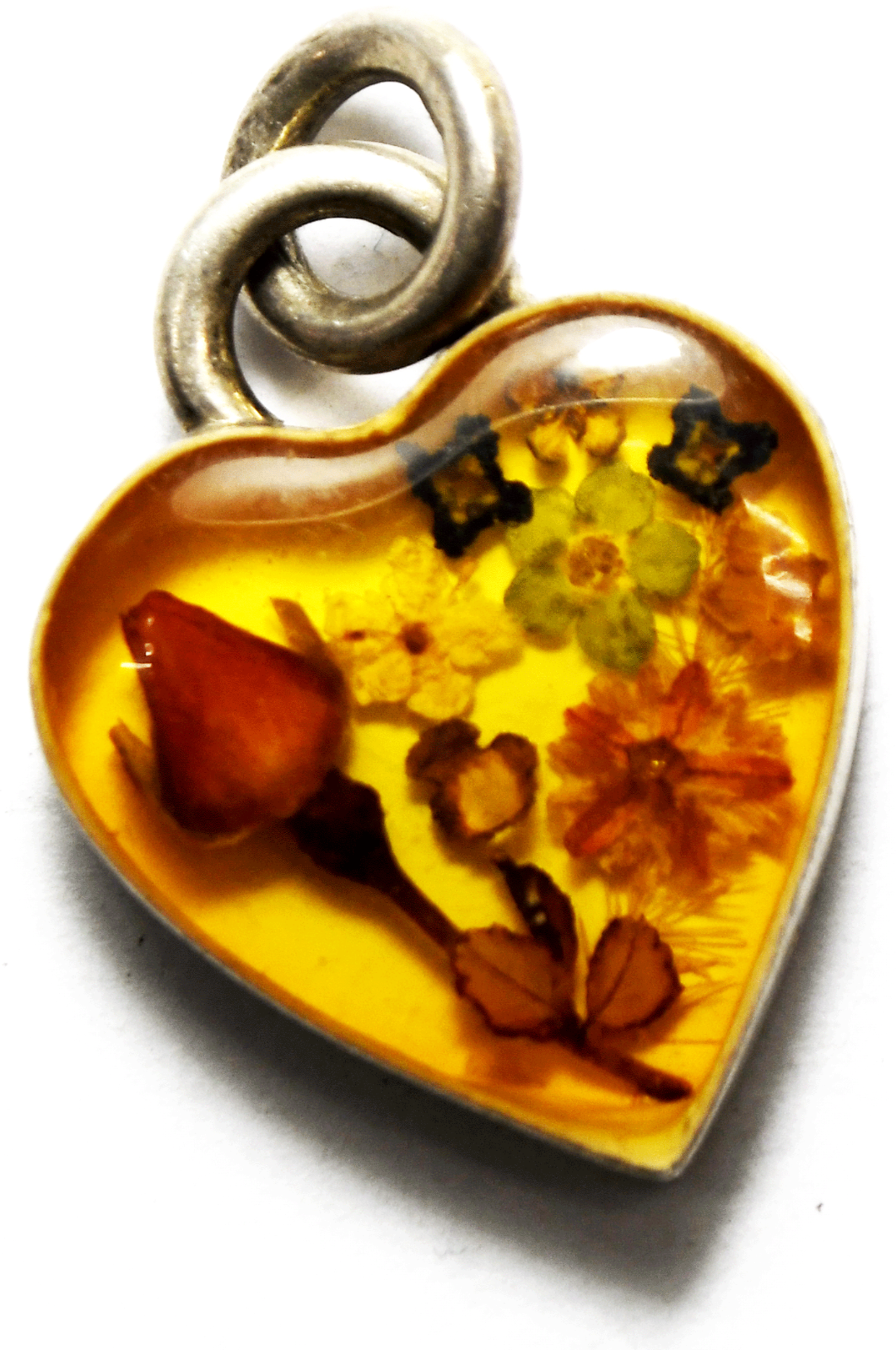 Sterling Silver Heart Flowers in Resin Orange Pendant 32mm x 25mm