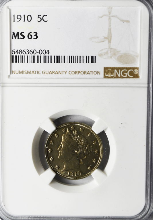 1910 5c V Liberty Nickel Five Cents Rare MS63 Uncirculated NGC