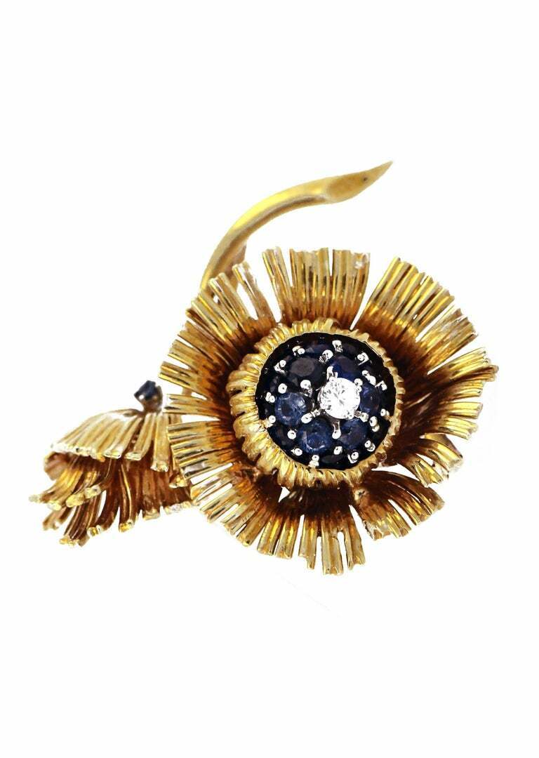 Erwin Pearl 18 Karat Yellow Gold Sapphire Diamond Floral Pin Brooch