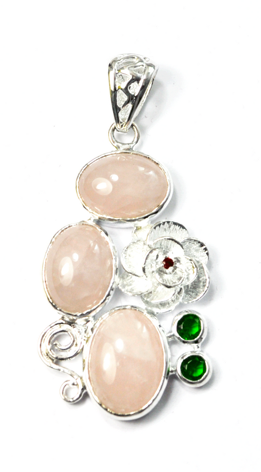 Sterling Silver Pink Quartz Red Rose Green Quartz Swirl Cluster Pendant 2.5"