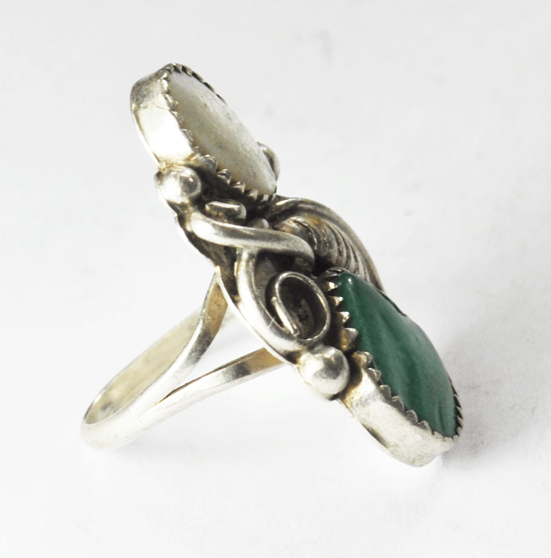 Antique Sterling Silver Green Turquoise & MOP Floral Dot Ring 29mm Size 5
