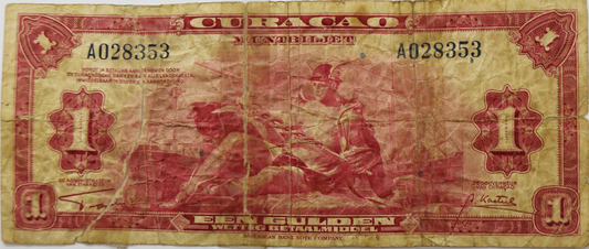 1942 Curacao One Gulden Banknote A028353