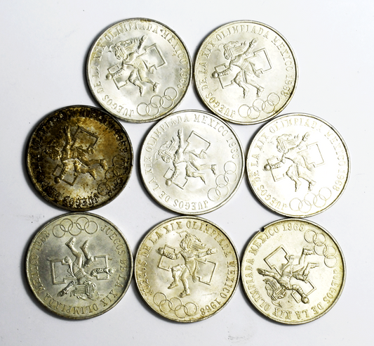 Lot of 8 Mexico Estados Unidos Mexicanos 25 Pesos Olympic Silver Coins