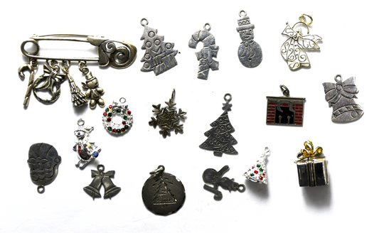 Sterling 16 Christmas X-mas Charms & 4 Charm Brooch Tree Angel Snowman Bells 39g