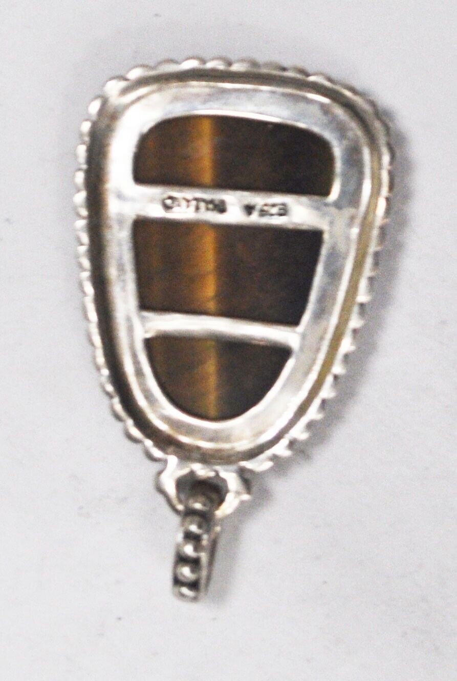 Sterling Silver Carve Flower Tigers Eye Pendant Dot Edge 47mm x 28mm