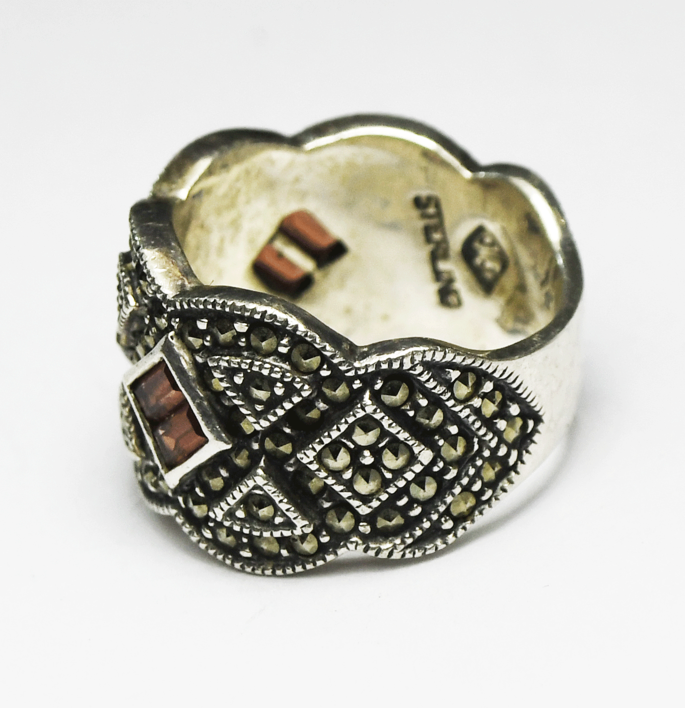 Sterling Silver Judith Jack Marcasite Garnet Ring 14mm Band Size 7