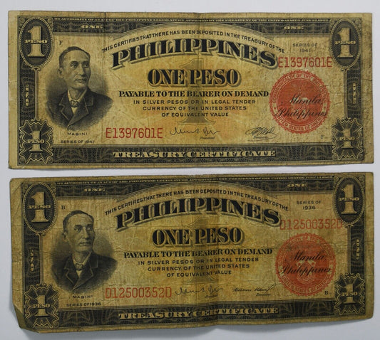 1936 & 1941 Philippines One 1 Peso Banknotes D12500352D E1397601E