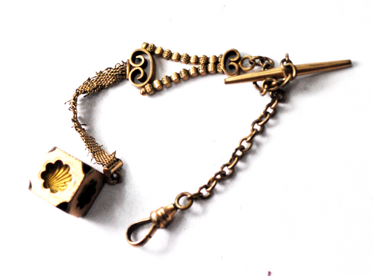 Vintage Gold Filled W&SB Shell Cube Fob 15mm Filigree Chain 5"