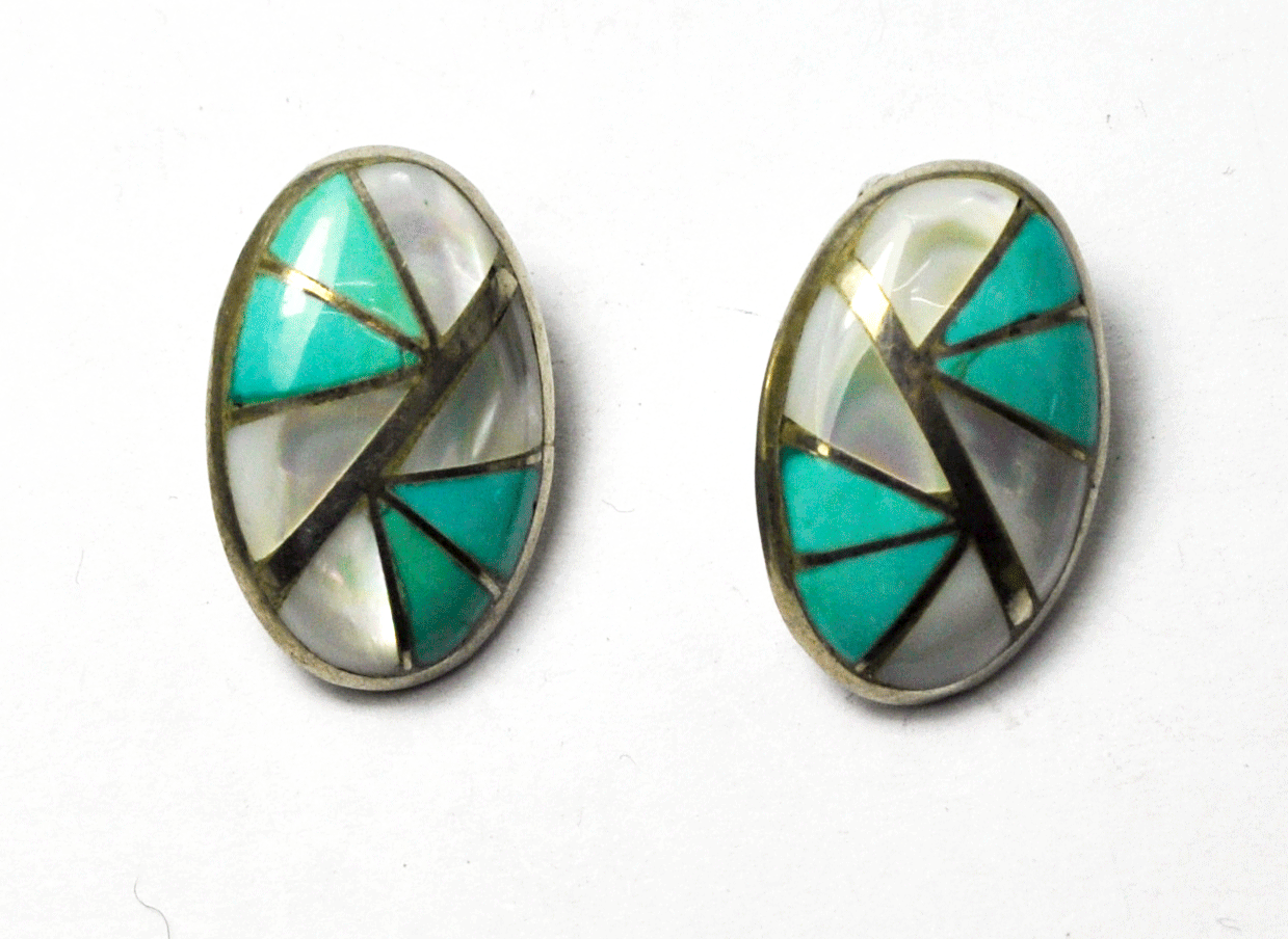 Sterling Silver Turquoise MOP Beautiful Inaly Oval Clip On Earrings 20mm