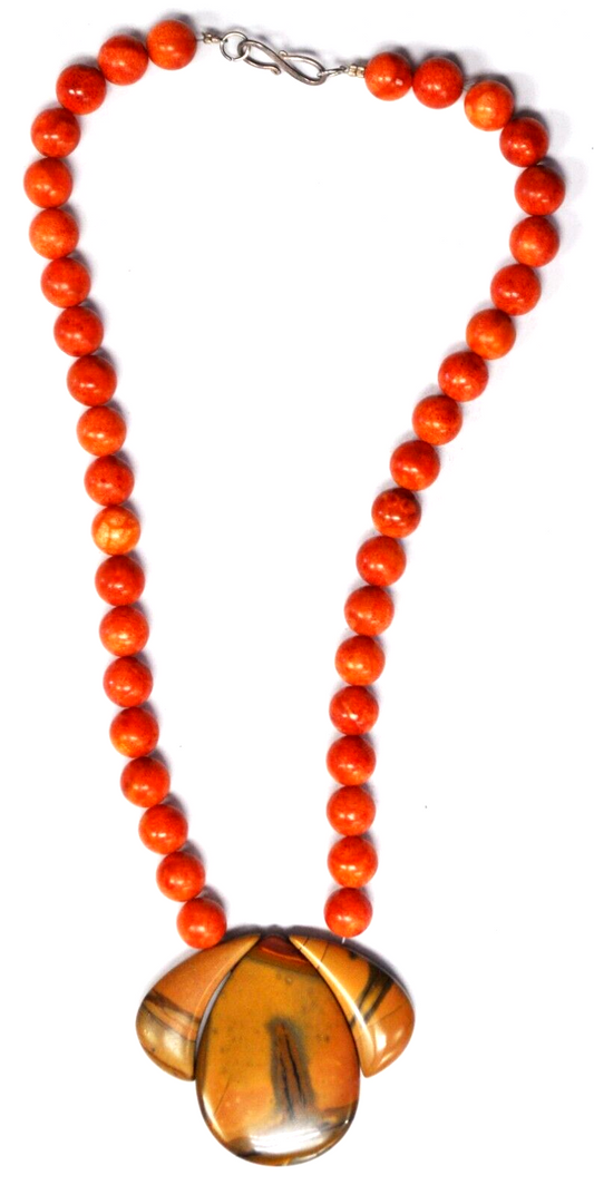 Silver Plate 10mm Coral Round Bead Feather Jasper 45mm Pendant 18.5" Necklace