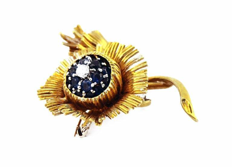 Erwin Pearl 18 Karat Yellow Gold Sapphire Diamond Floral Pin Brooch