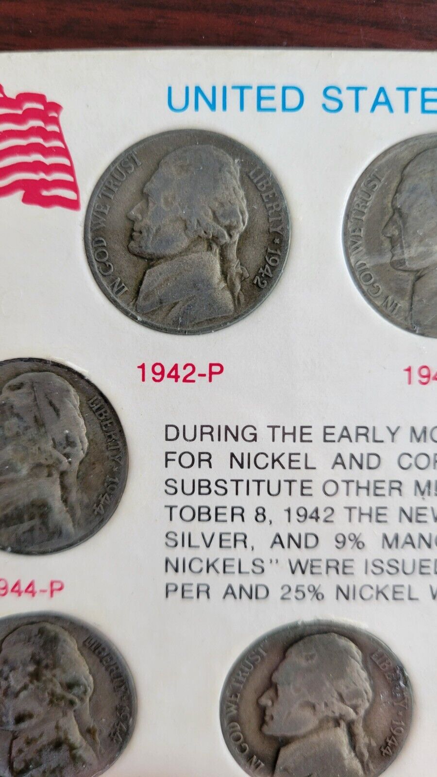1942-1945 United States Wartime Silver Nickels 11 Coin Set Anco 1360 Holder