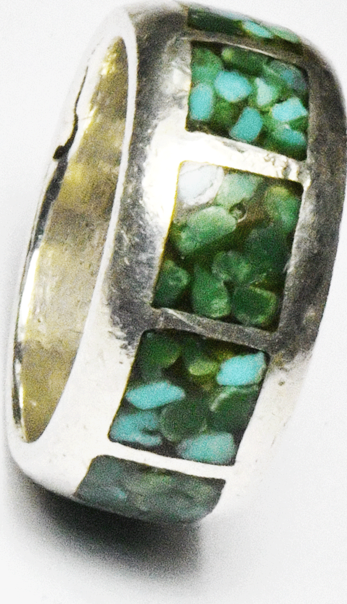 Sterling Silver Green Turquoise Chip Inlay Ring Eternity Band 8mm Size 6-1/4