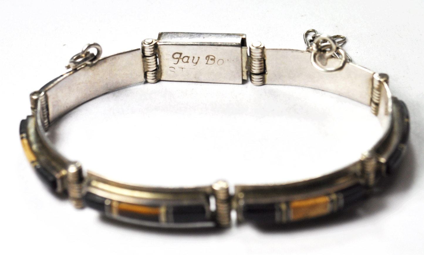 Sterling Jay Bo Tigers Eye Onyx Inlav Link Bracelet w/ Safety Chain 8mm 6.5"