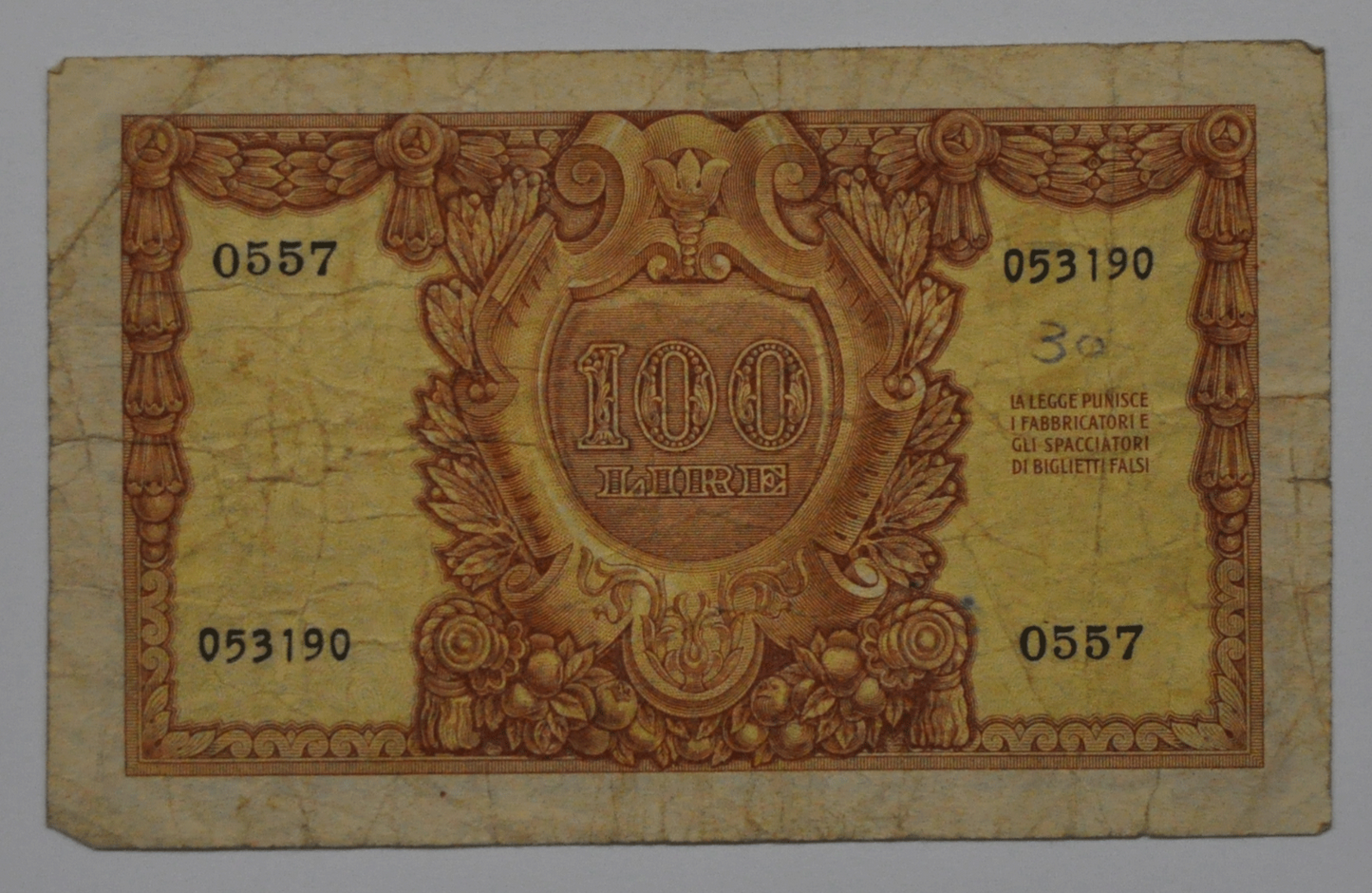 1951 Italy 100 One Hundred Lire Note 053190  0557