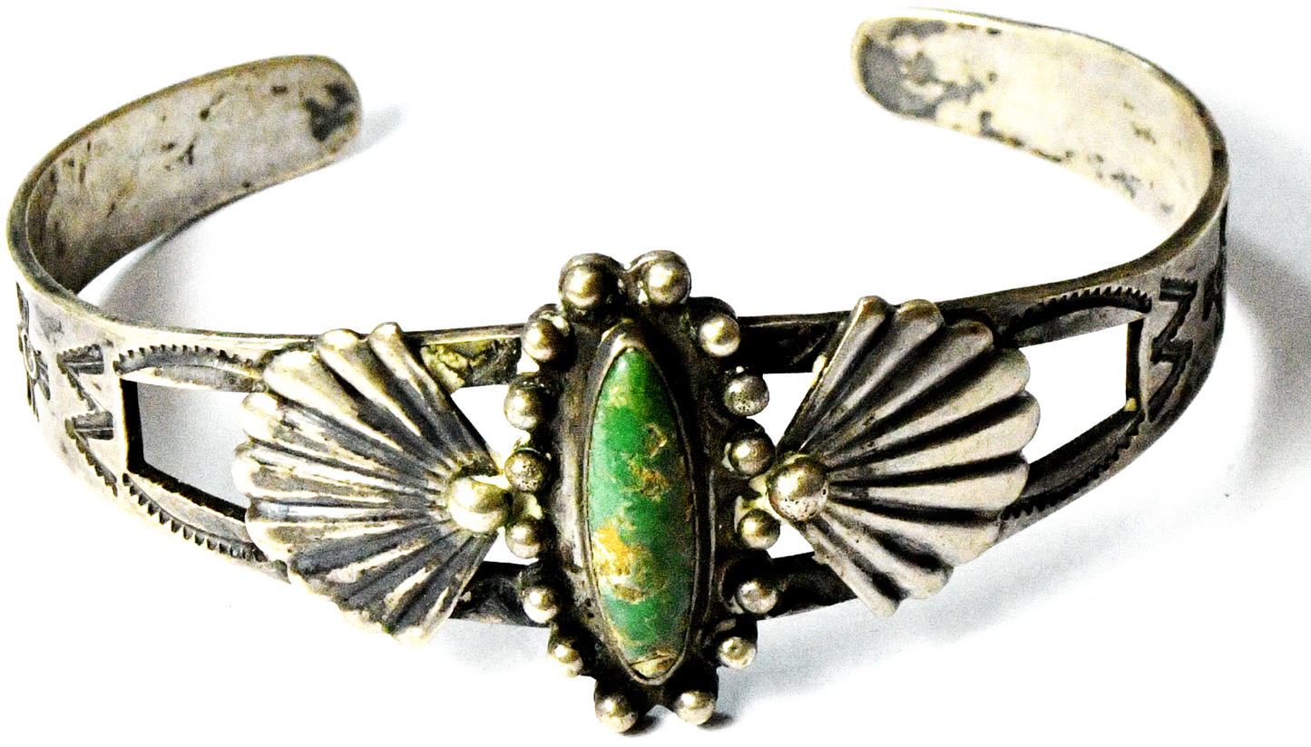Antique Sterling Silver Green Turquoise Fan Edge Cuff Bracelet 24mm 6-1/2" Wrist