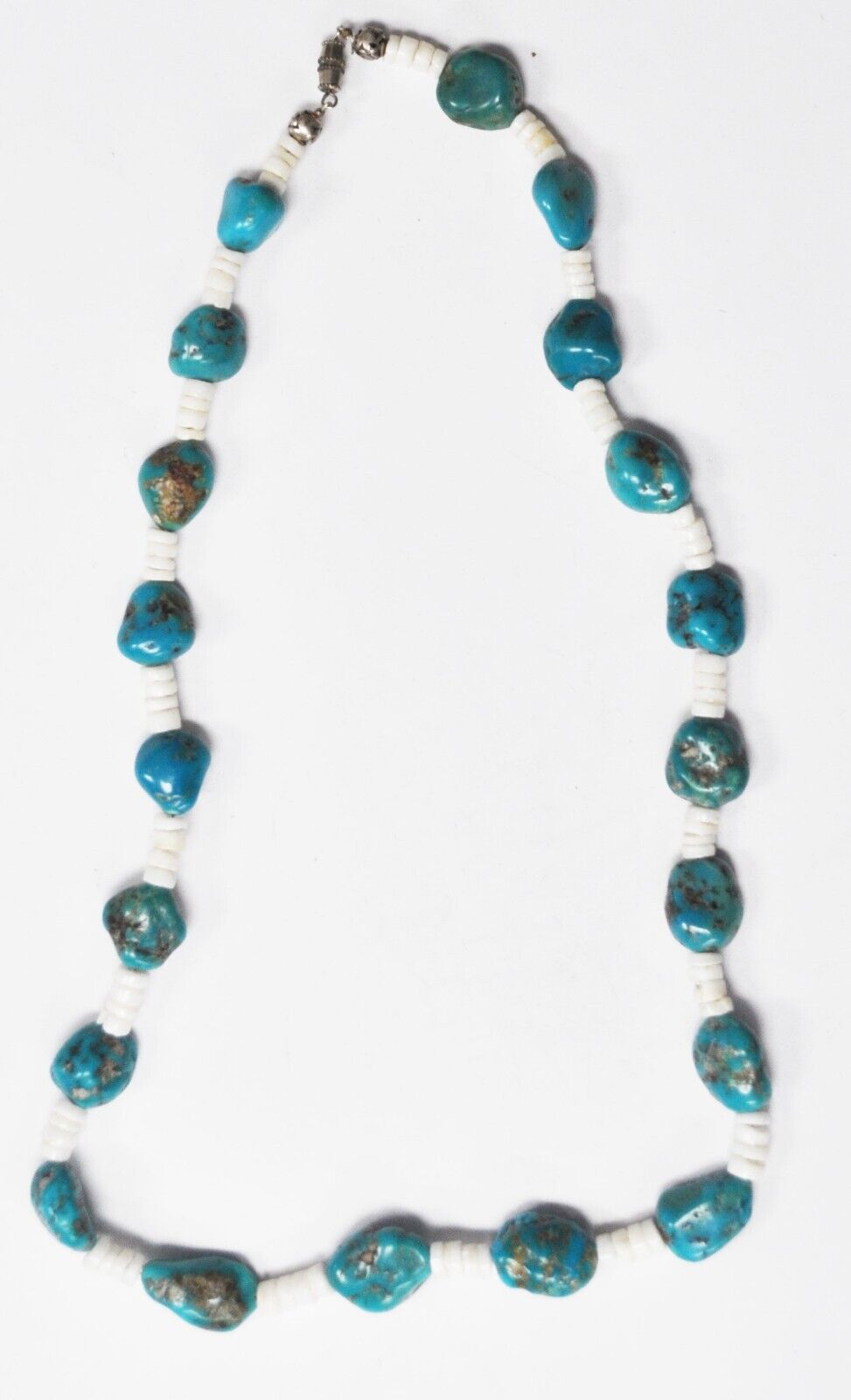 Silver Plate Turquoise Chunk White Disc 14mm Bead Necklace 23"