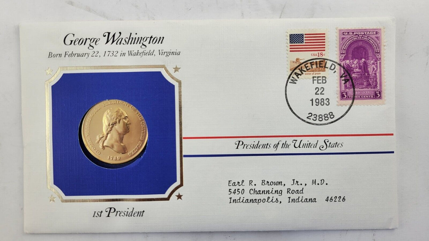 G Washington Presidential Covers Medal Postal Commemorative Society Gold Plated