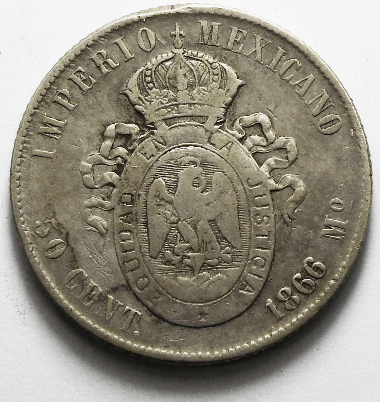 1866 Mo Mexico Empire Of Maximilian 50 Centavos KM# 387 Silver Coin Only 31,000