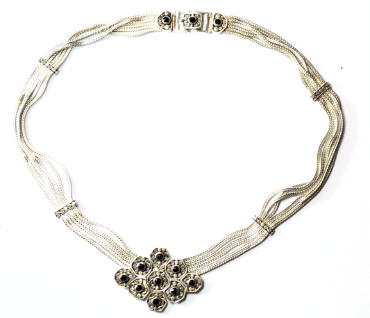 Sterling Bali JGO Onyx Squiggle Honeycomb 6 Strand 18" Necklace  64g