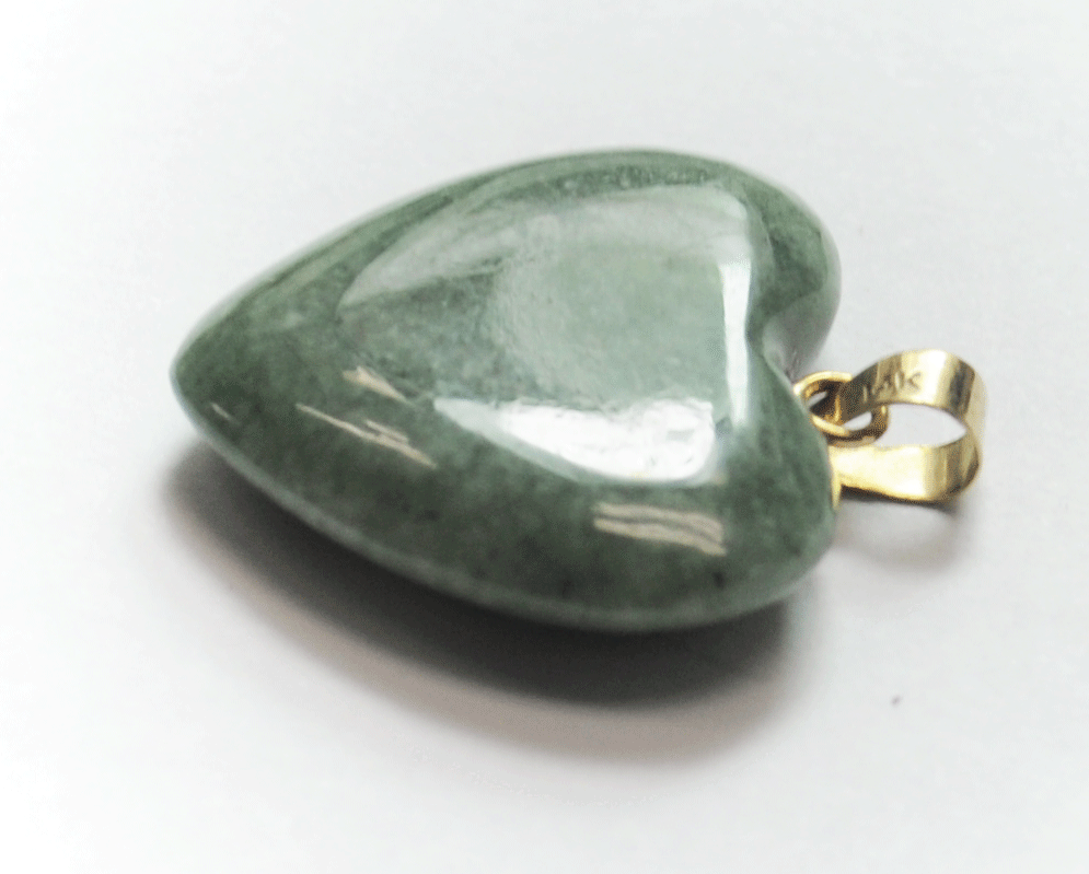 Green Speckled Aventurine Carved Heart Pendant 14k Bale 28mm x 25mm x 7mm