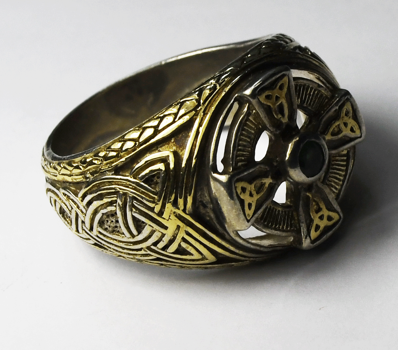 Sterling Silver FM Celtic Cross Emerald Two Tone Ring 17mm Size 11-3/4