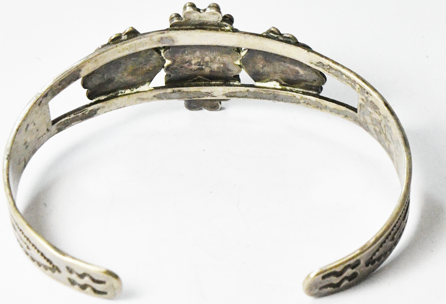 Antique Sterling Silver Green Turquoise Fan Edge Cuff Bracelet 24mm 6-1/2" Wrist