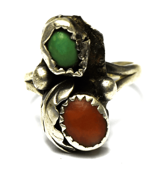 Vintage Sterling Silver Green Turquoise Coral Floral Ring 20mm Size 4-1/2