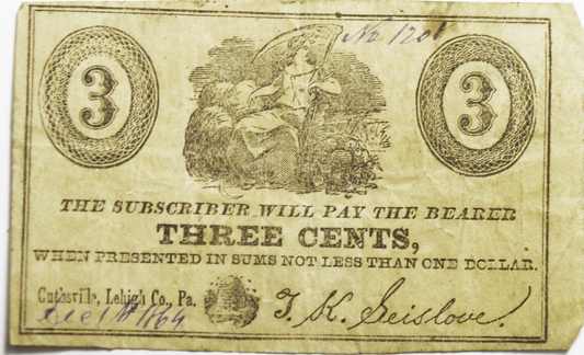1864 Guthsville Lehigh Pennsylvania 3c Scrip Note Pay the Bearer