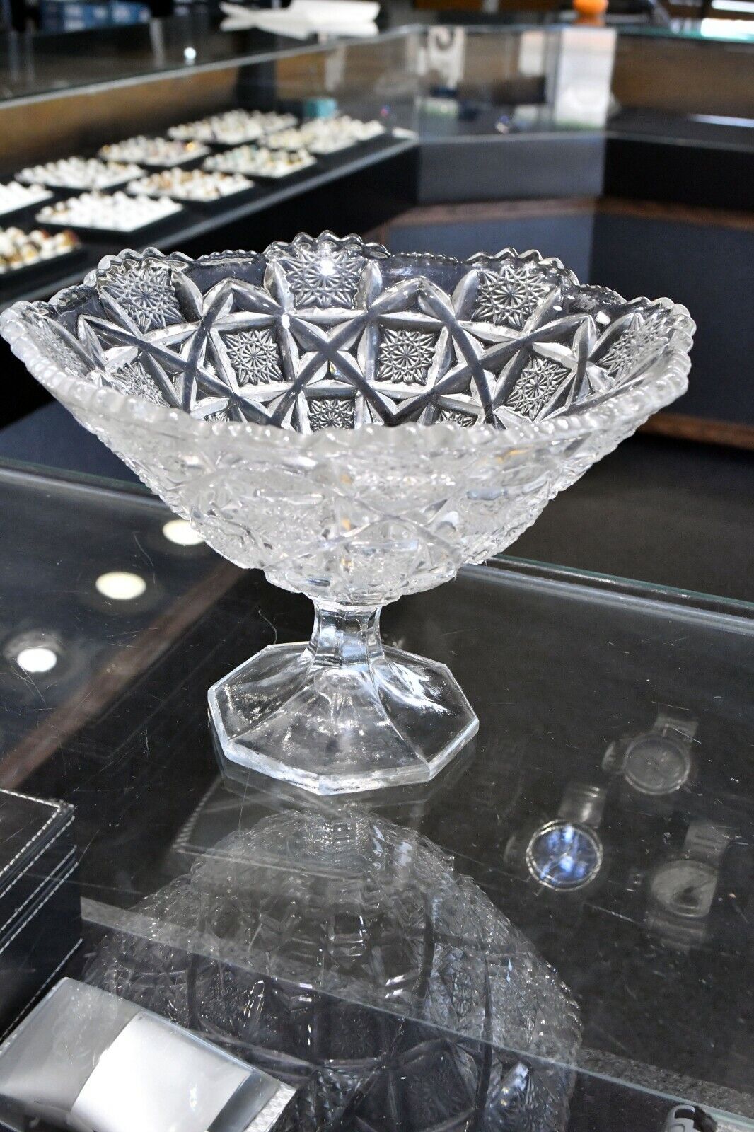 Vintage Bohemian Czech Style Molded Glass Footed Candy Nut Dish 7 1/2" x 5 1/4"