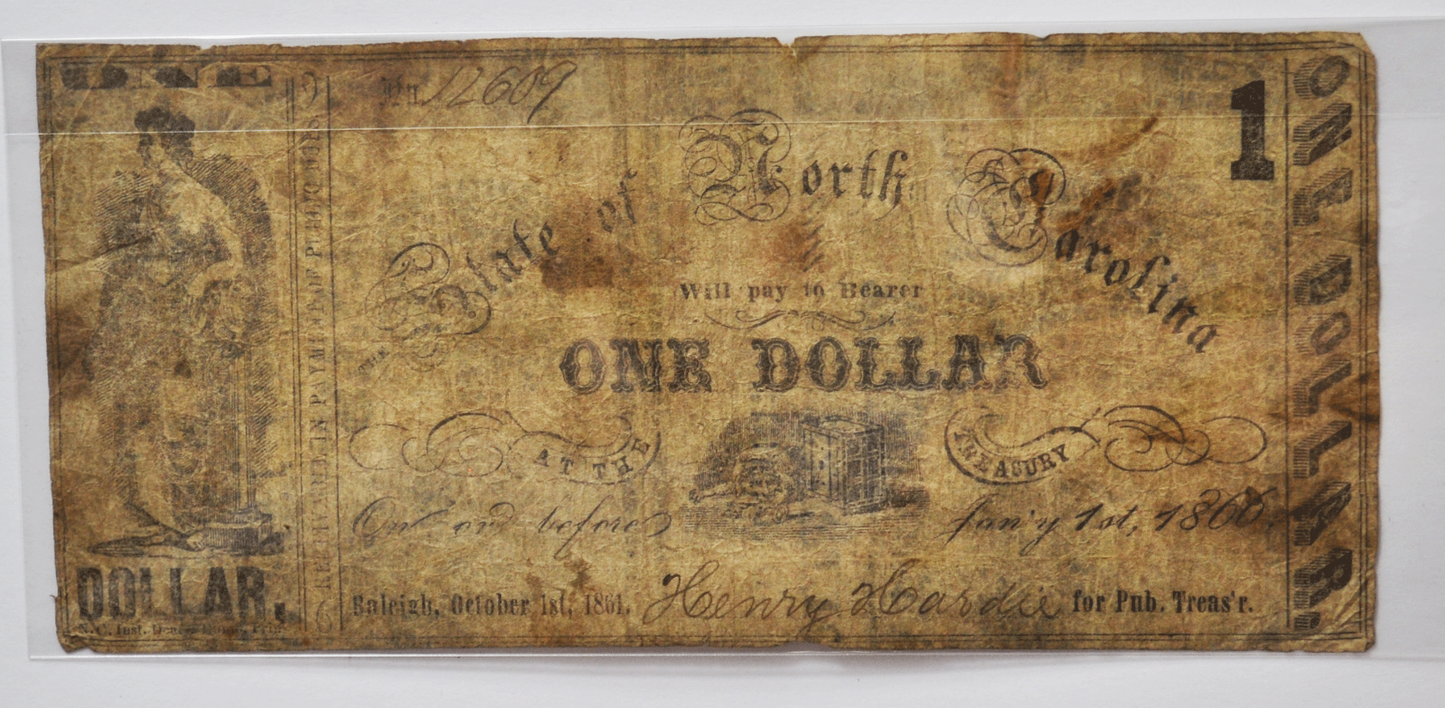 1861 School Def $1 State of NC Obsolete Note $3 Raleigh G424 Reverse Rare