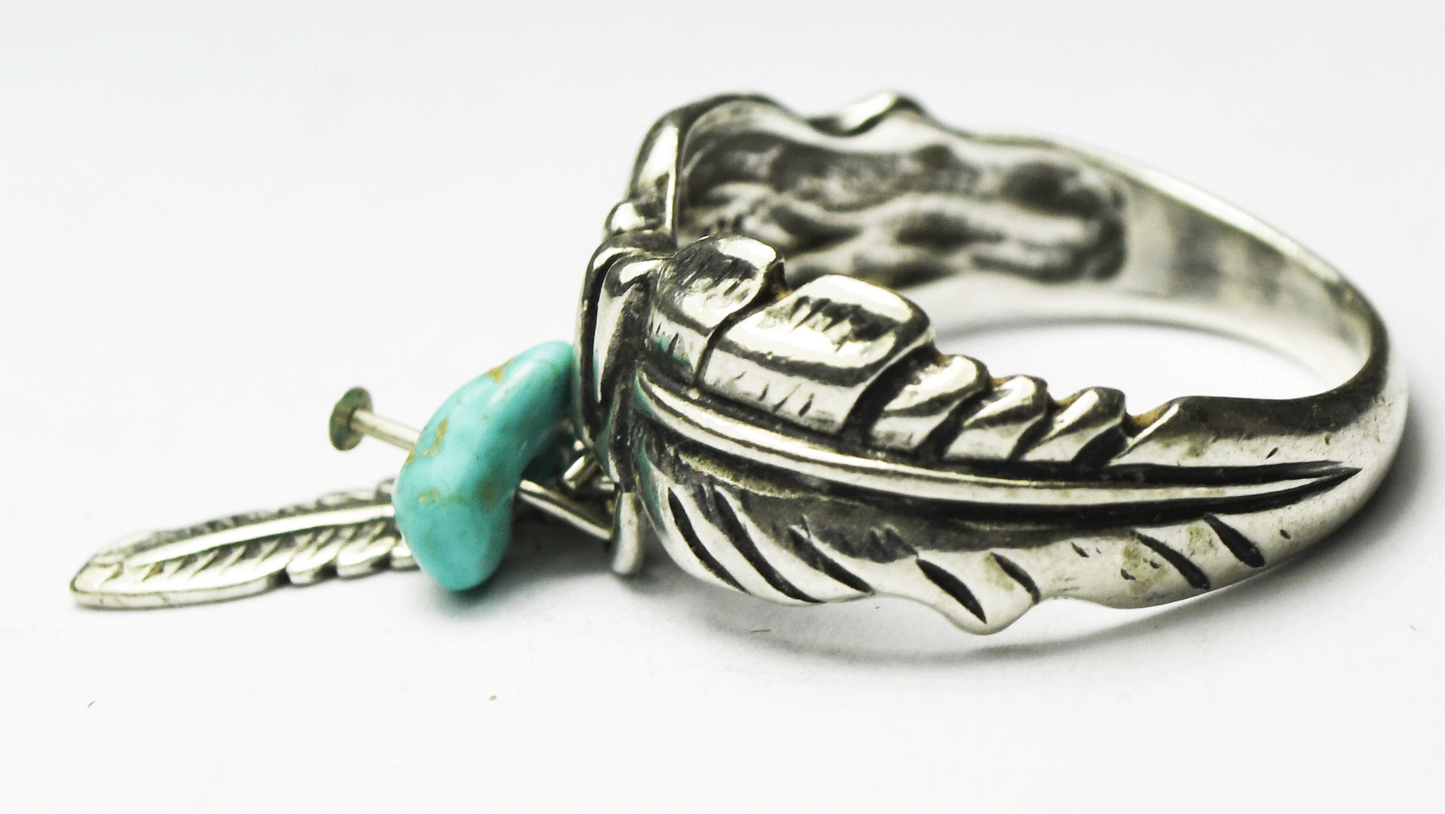 Sterling Silver Shubes Feather Turquoise Dangle Ring 10mm Size 9