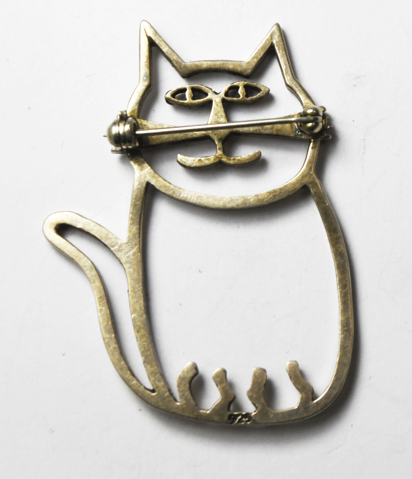 Sterling Silver Cat Outline Brooch Pin 51mm x 39mm