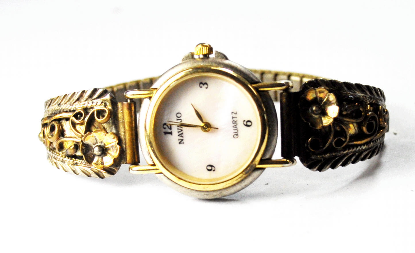 Navajo Quartz MOP Wristwatch 26mm VV Sterling Silver Two Tone Floral Strap 12mm