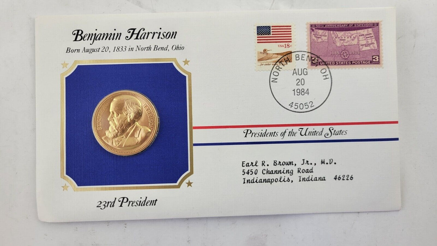 B Harrison Presidential Covers Medal Postal Commemorative Society Gold Plated
