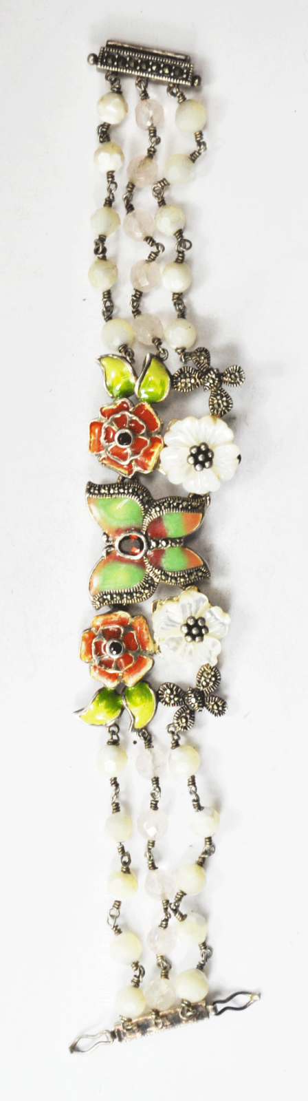 Sterling Silver Butterfly Flower Enamel Quartz Bead 3 Strand 29mm Bracelet 8"