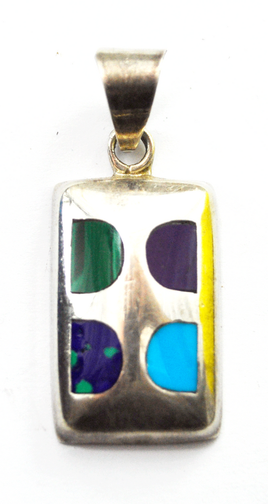 Mexico Sterling Dog Tag Pendant Azure Malachite Turquoise Domed 1-7/8" TM-86