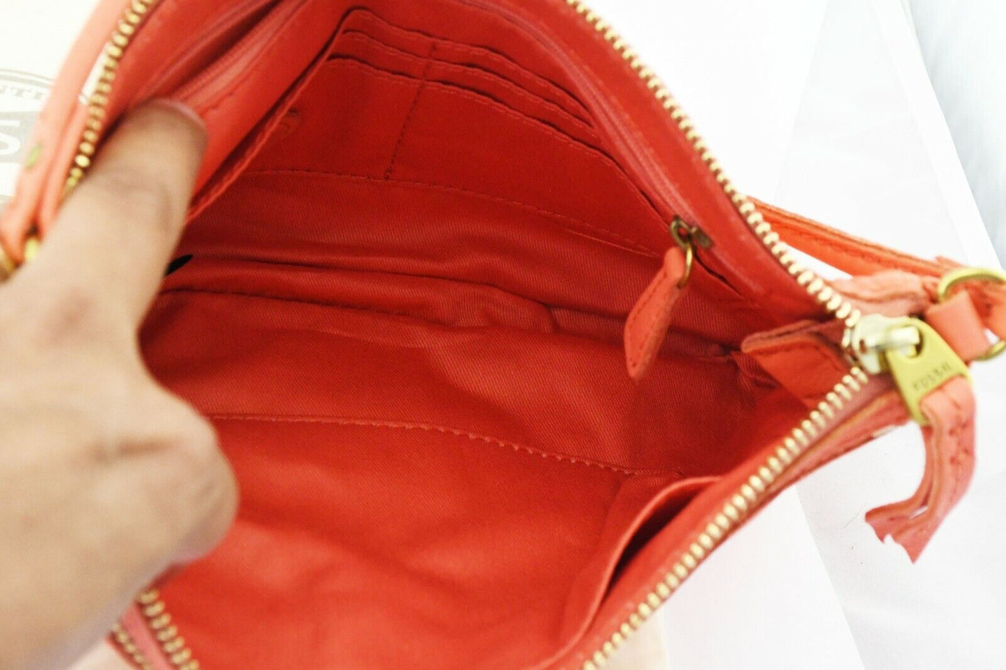 Fossil ELISE Coral Pink Double Zip Leather Crossbody Purse Handbag 10 x 6 1/2"