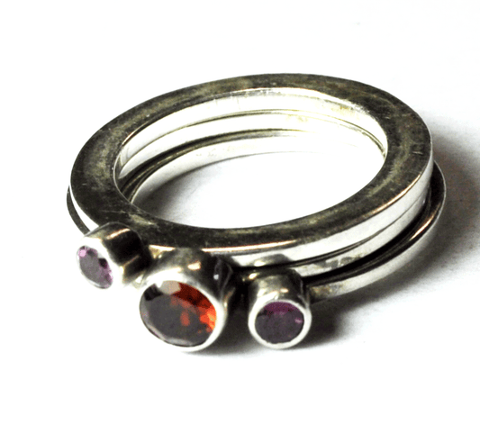 Sterling Silver 3 Three Ring Stackable Set Red & Purple CZ 5mm Size 6.5