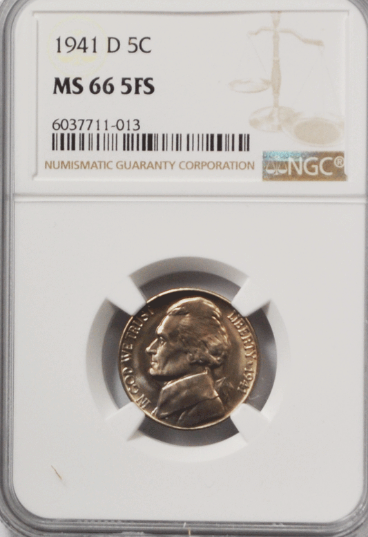 1941 D 5c Jefferson Nickel Five Cents NGC MS66 5FS BU Denver