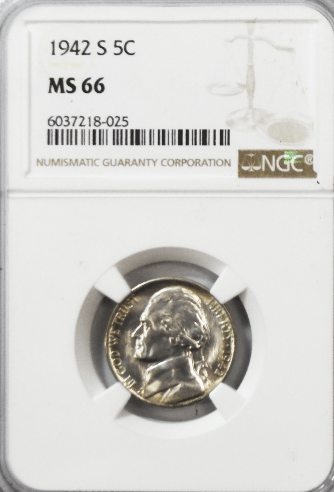 1942 S 5c Jefferson Silver War Time Nickel Five Cents NGC MS66