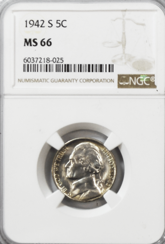 1942 S 5c Jefferson Silver War Time Nickel Five Cents NGC MS66