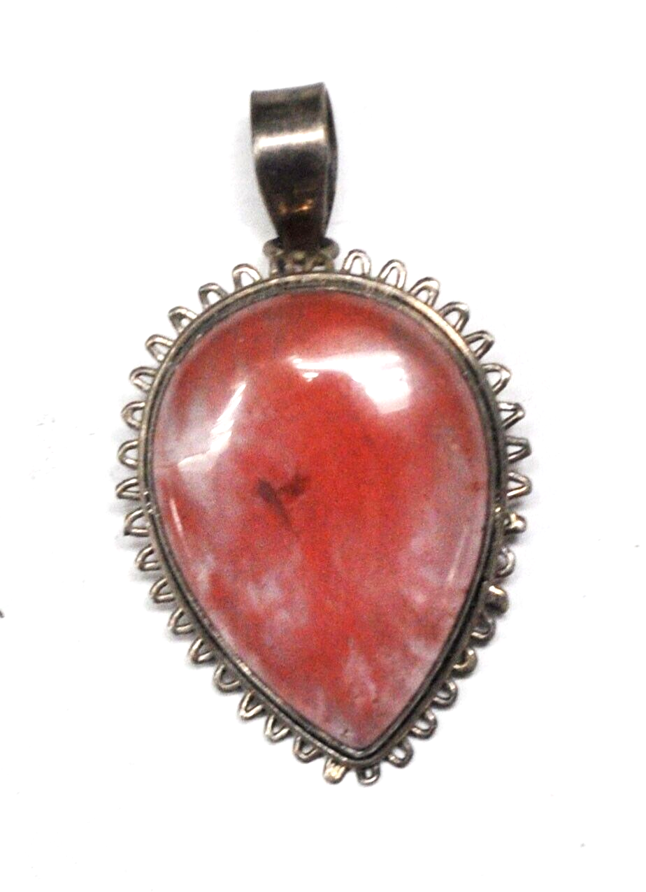 Sterling Silver Red Pink Quartz Doily Edge Teardrop Pendant 44x26mm